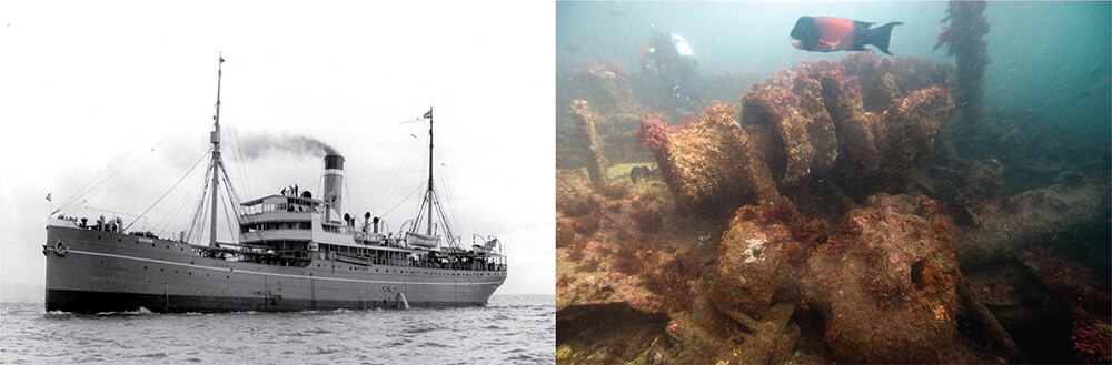 left: a black and white photo of a ship; right: a shipwreck rests on the seafloor