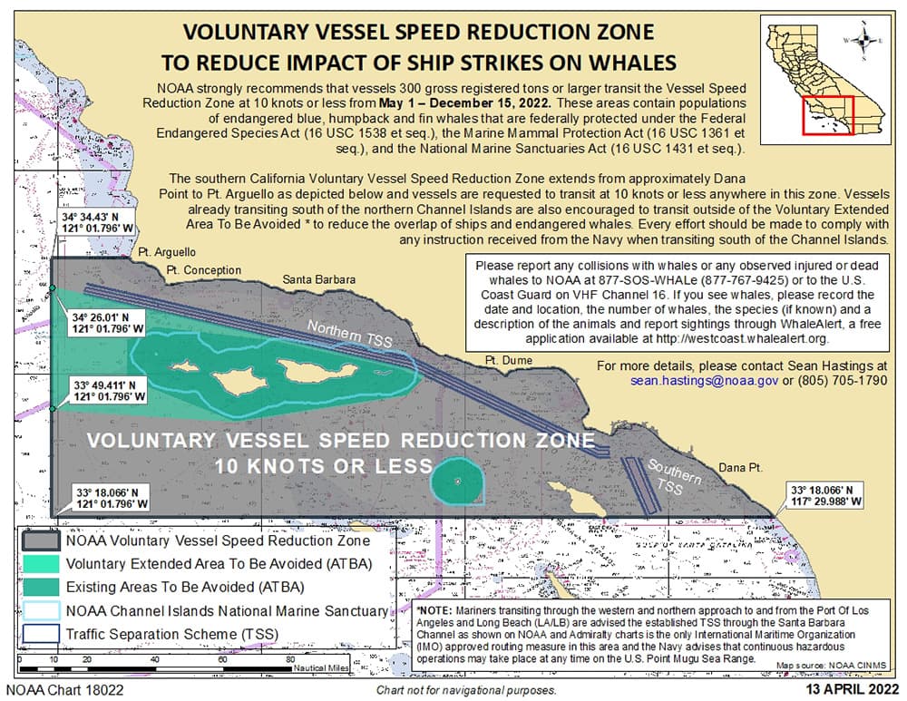 map depicting the Voluntary vessel speed reduction zone around the channel islands