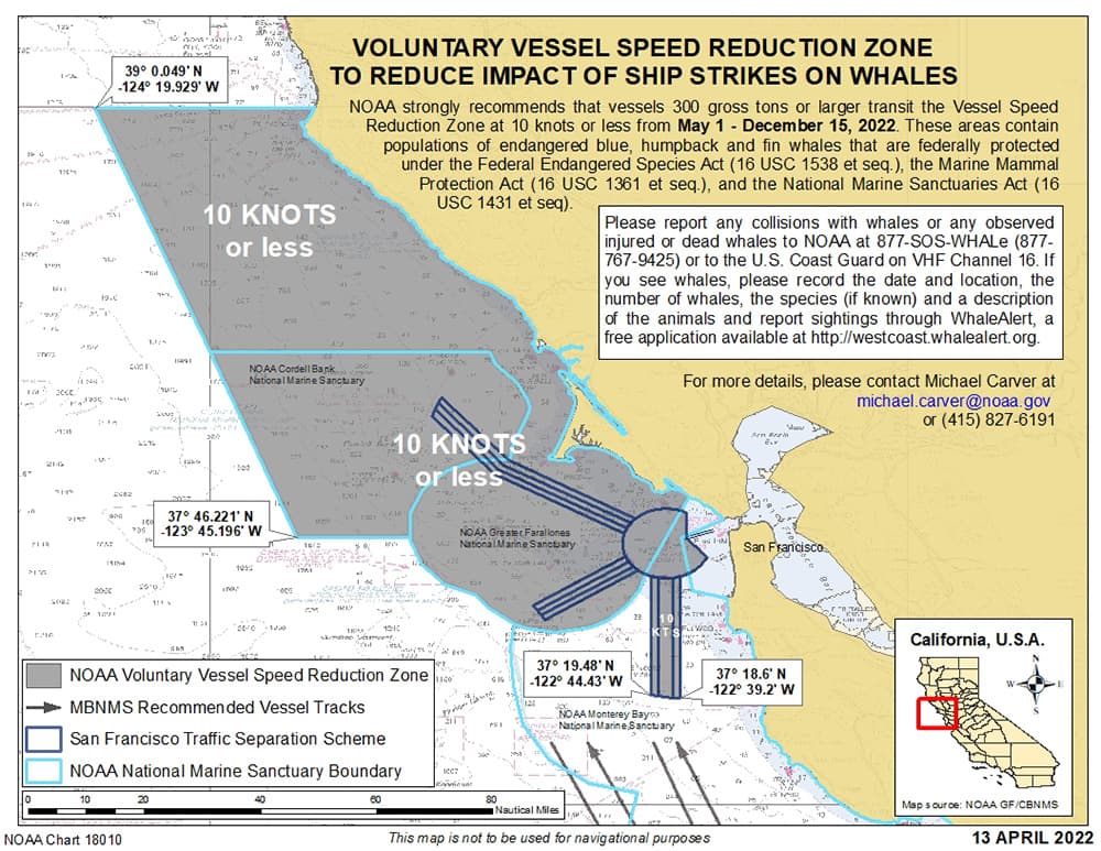 map depicting the Voluntary vessel speed reduction zone in the San Francisco Bay Region